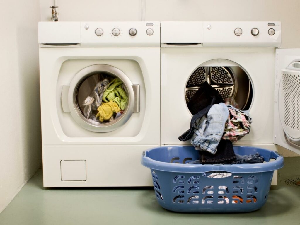 Just brush off the walls behind the washing machine and dryer regularly