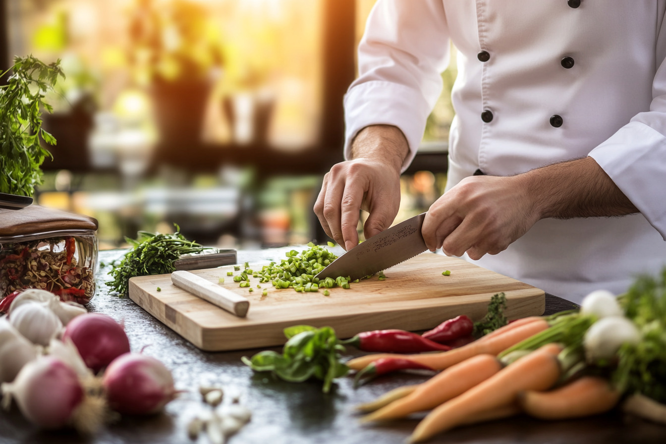 Properly cleaning and sanitizing a kitchen knife after cutting raw chicken on a cutting board.