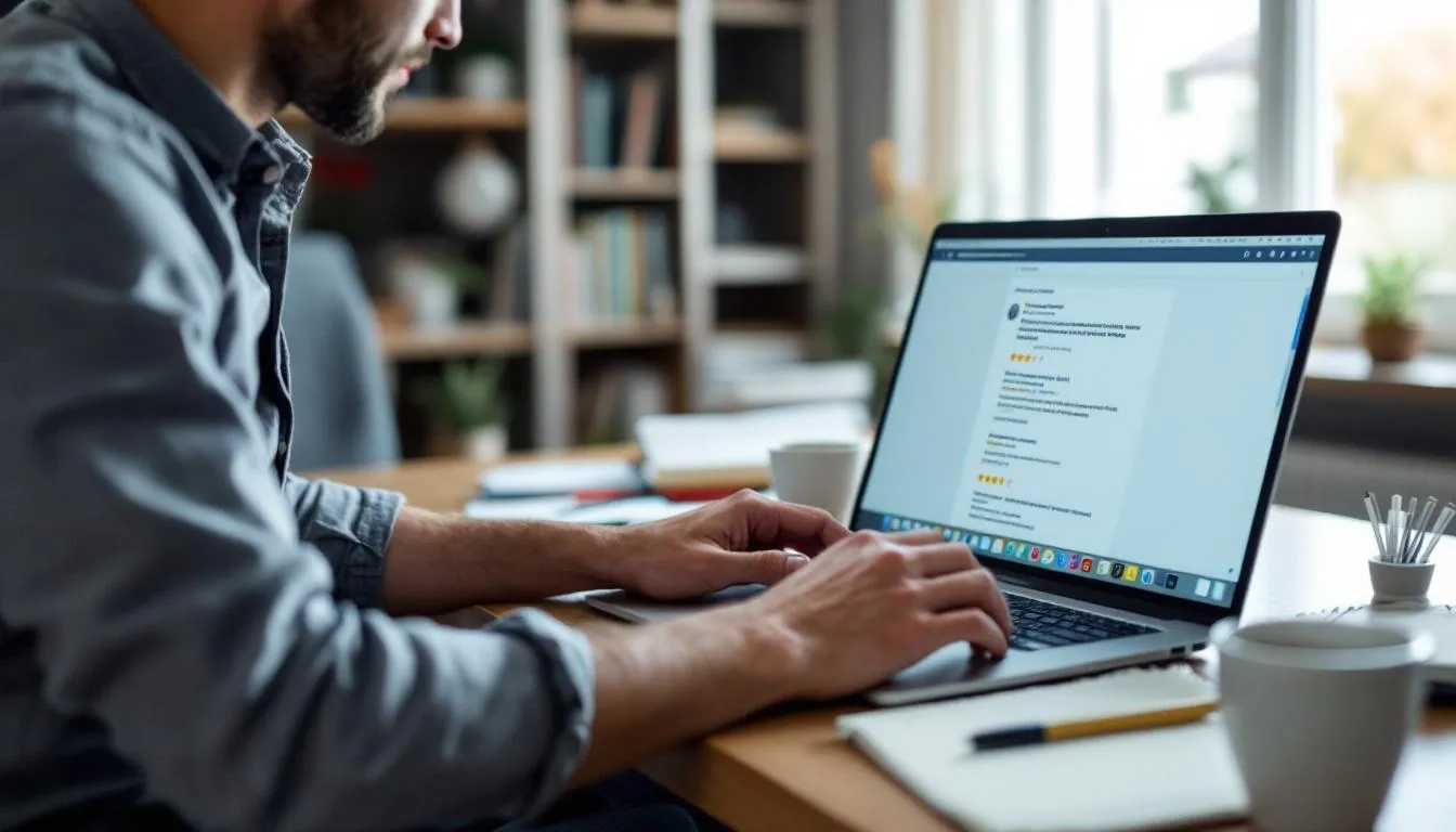 A homeowner is seated at a desk, intently reviewing carpet cleaning company reviews on a laptop, considering options for hiring a professional carpet cleaner to address issues such as pet stains and dirt on their carpets. The scene conveys a sense of determination to find the best carpet cleaning service for their home.