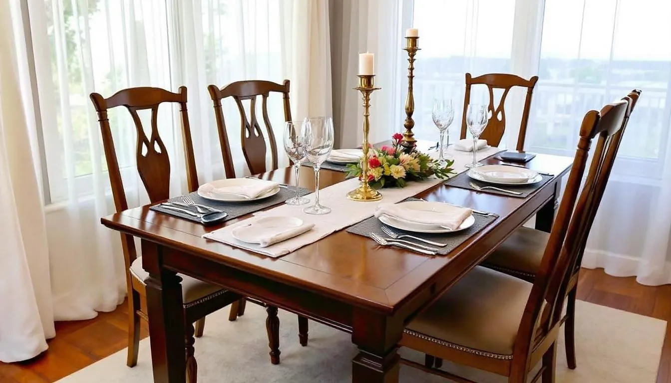 An elegant dining room setup features a stylish dining table surrounded by quality dining chairs, perfect for a vacation rental. The space showcases quality furnishings that enhance the overall aesthetic of the entire house, making it an inviting area for guests to enjoy meals together.