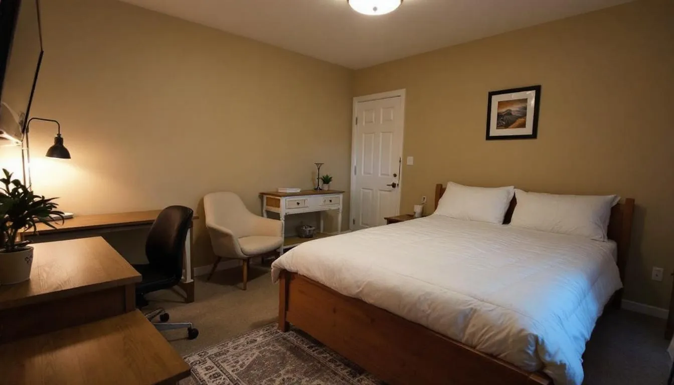 In this cozy bedroom of a vacation rental, quality bedding and furnishings create a welcoming atmosphere, featuring a solid wood bed frame and decorative items that enhance the personal style of the space. The overall design reflects a thoughtful approach to furnishing a rental property, ensuring comfort for guests while considering the average costs associated with quality furnishings.