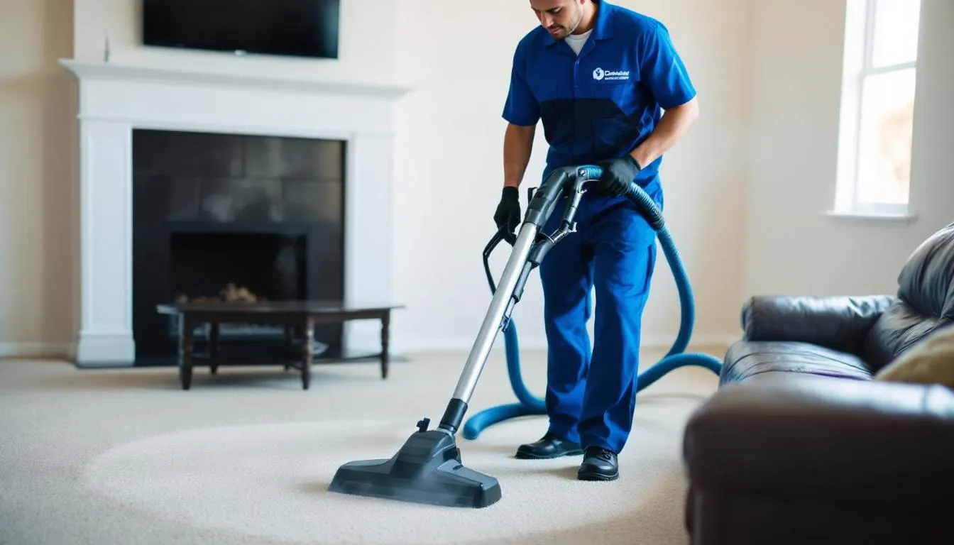 A professional carpet cleaner is using an industrial carpet cleaning machine in a living room, effectively deep cleaning the dirty carpet. The scene showcases the cleaner pre-treating stains and odors, highlighting the importance of hiring a cleaning service for maintaining carpets in a home.